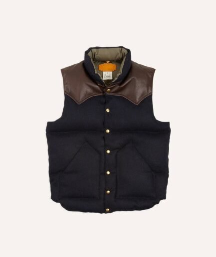 Rocky Mountain Featherbed for Drake's Navy Harris Tweed Leather Christy Down Vest