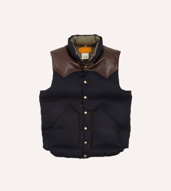 Rocky Mountain Featherbed for Drake's Navy Harris Tweed Leather Christy Down Vest